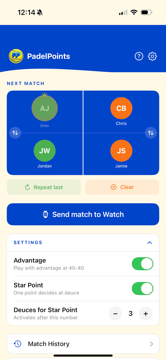 Quick match setup